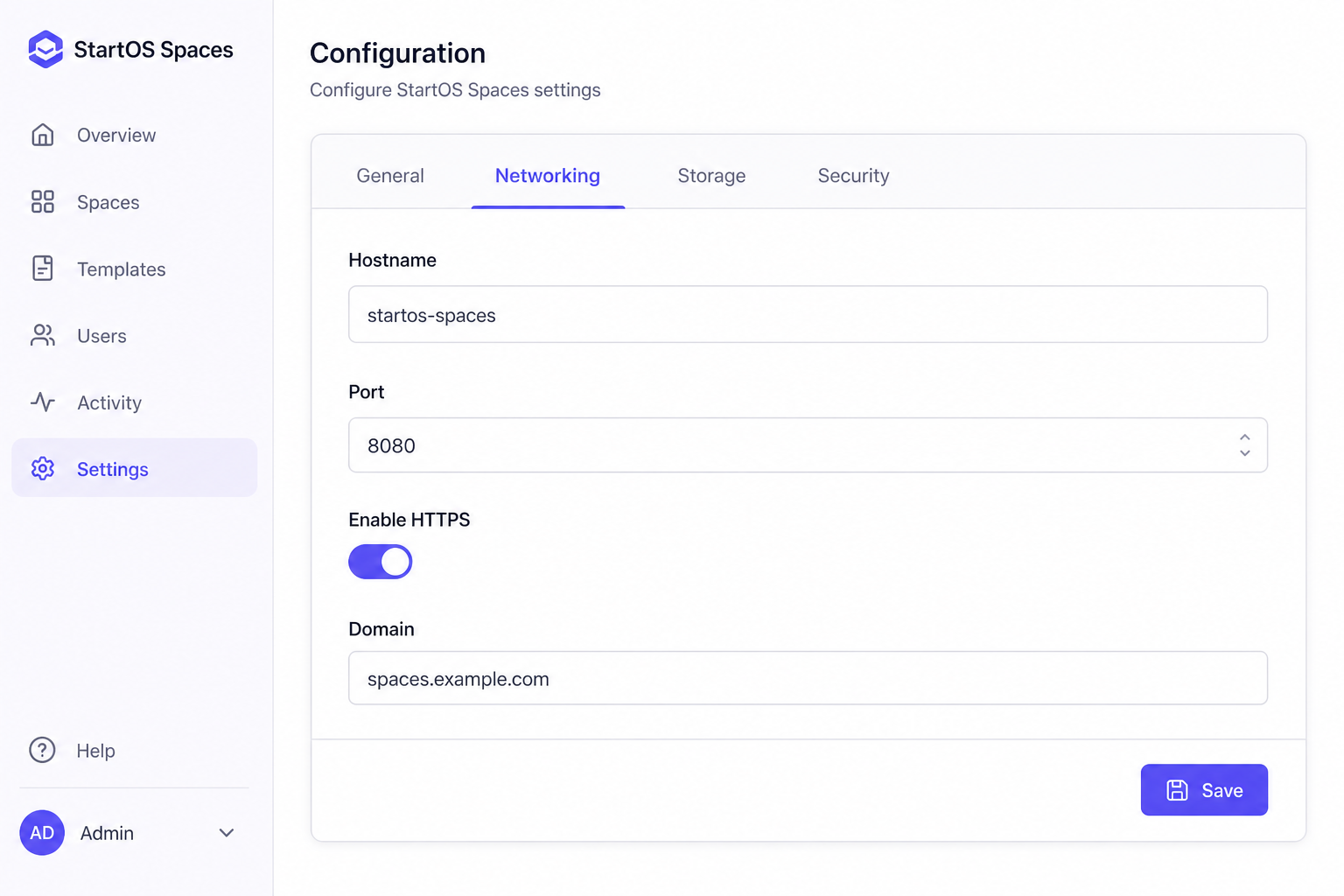 StartOS configuration page on the Networking tab, with hostname, port, HTTPS toggle, and domain fields
