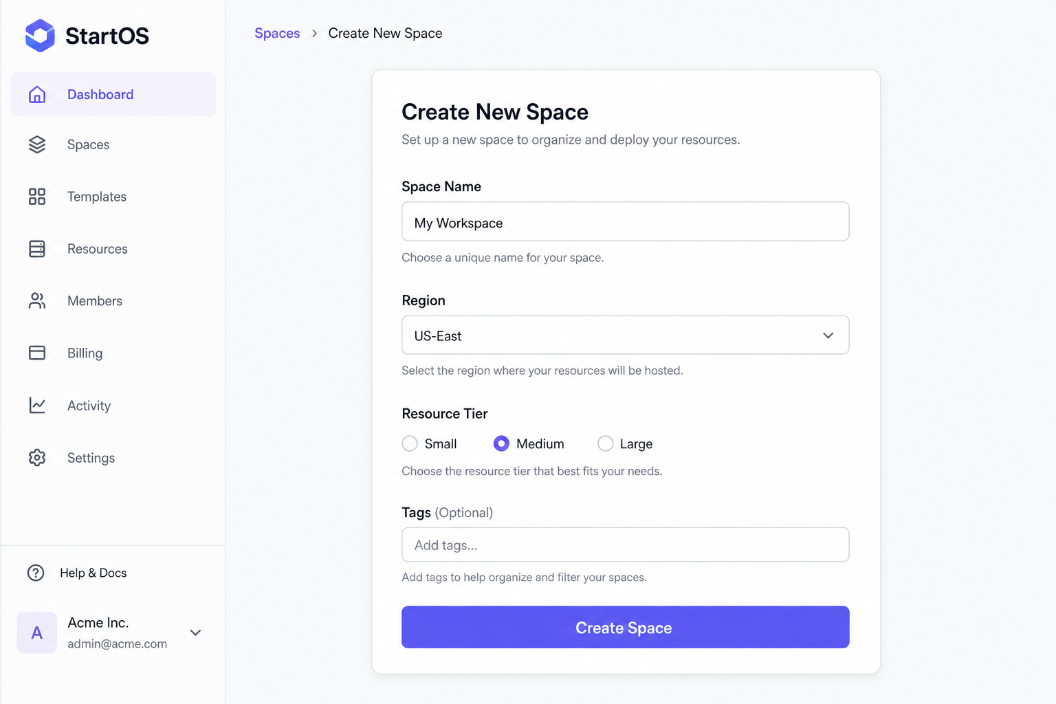 The Create New Space form with fields for name, region, resource tier, and tags