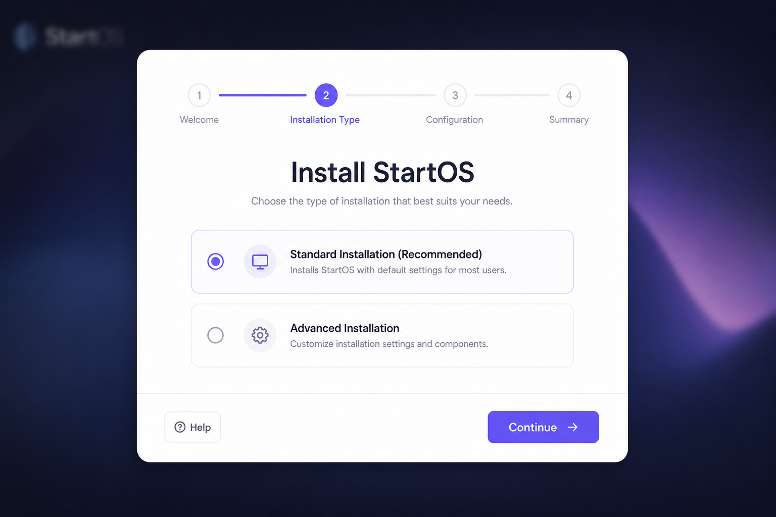 The StartOS installation wizard showing step 2 of 4, with Standard Installation selected