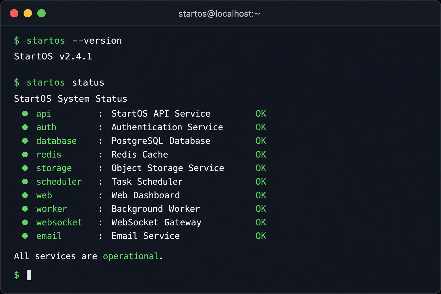 A terminal showing startos --version and startos status commands with healthy OK output for every service